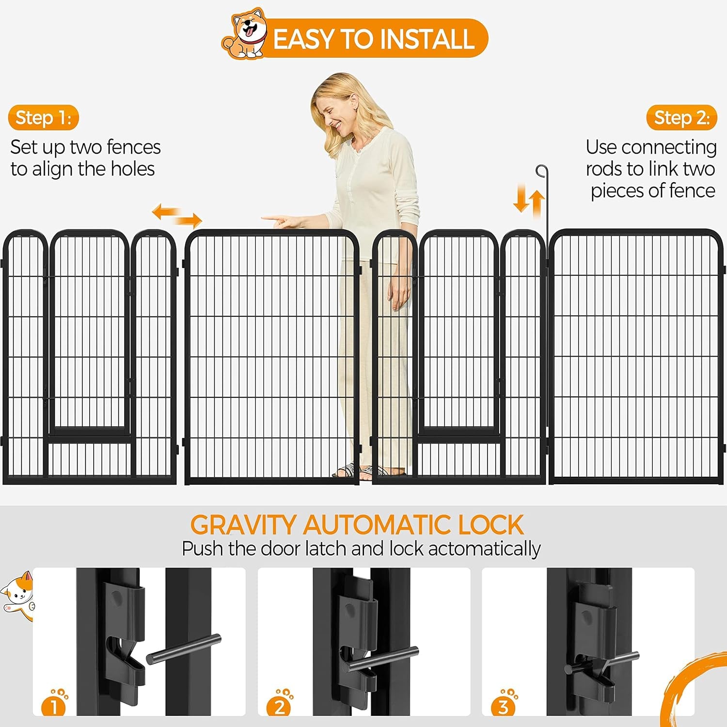 Wide Panel Dog Playpen, 8 Panels 40 Inch High Pet Pen with Gate, Portable Indoor Outdoor Fence for Medium/Large Breed Dogs