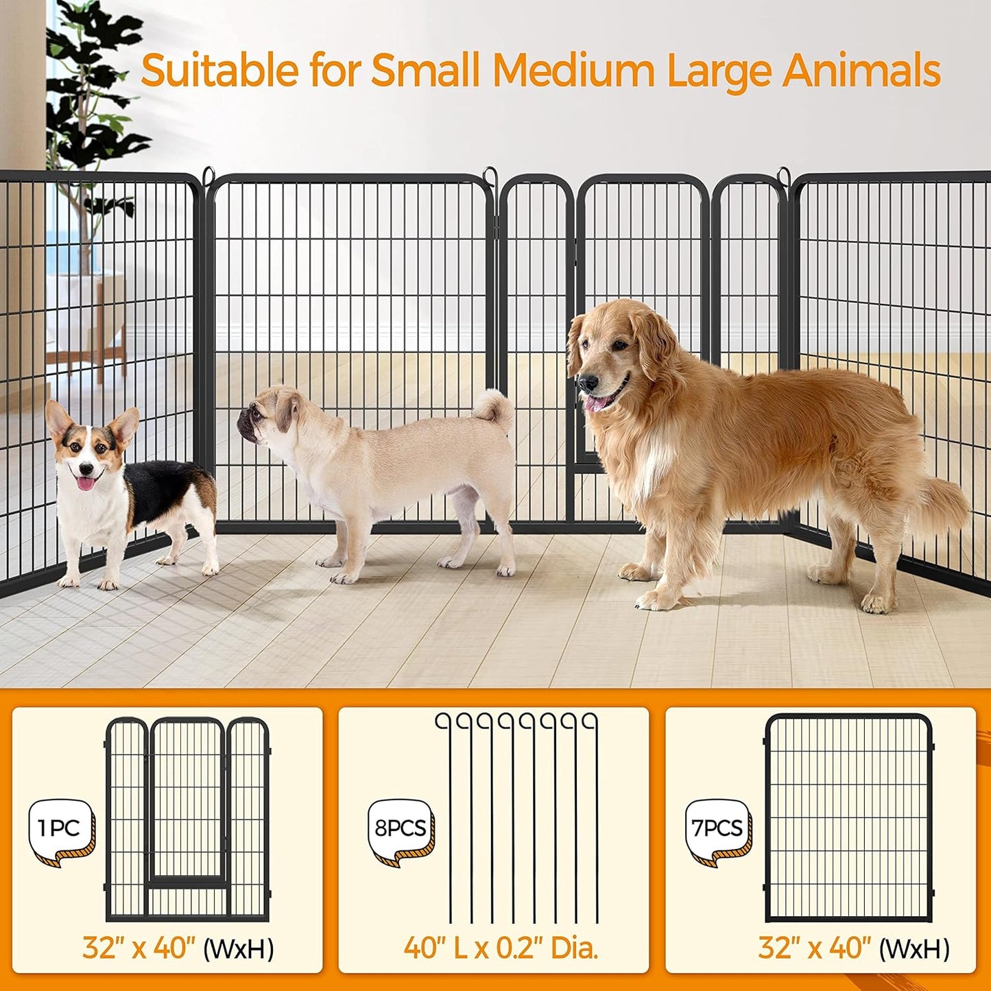 Wide Panel Dog Playpen, 8 Panels 40 Inch High Pet Pen with Gate, Portable Indoor Outdoor Fence for Medium/Large Breed Dogs