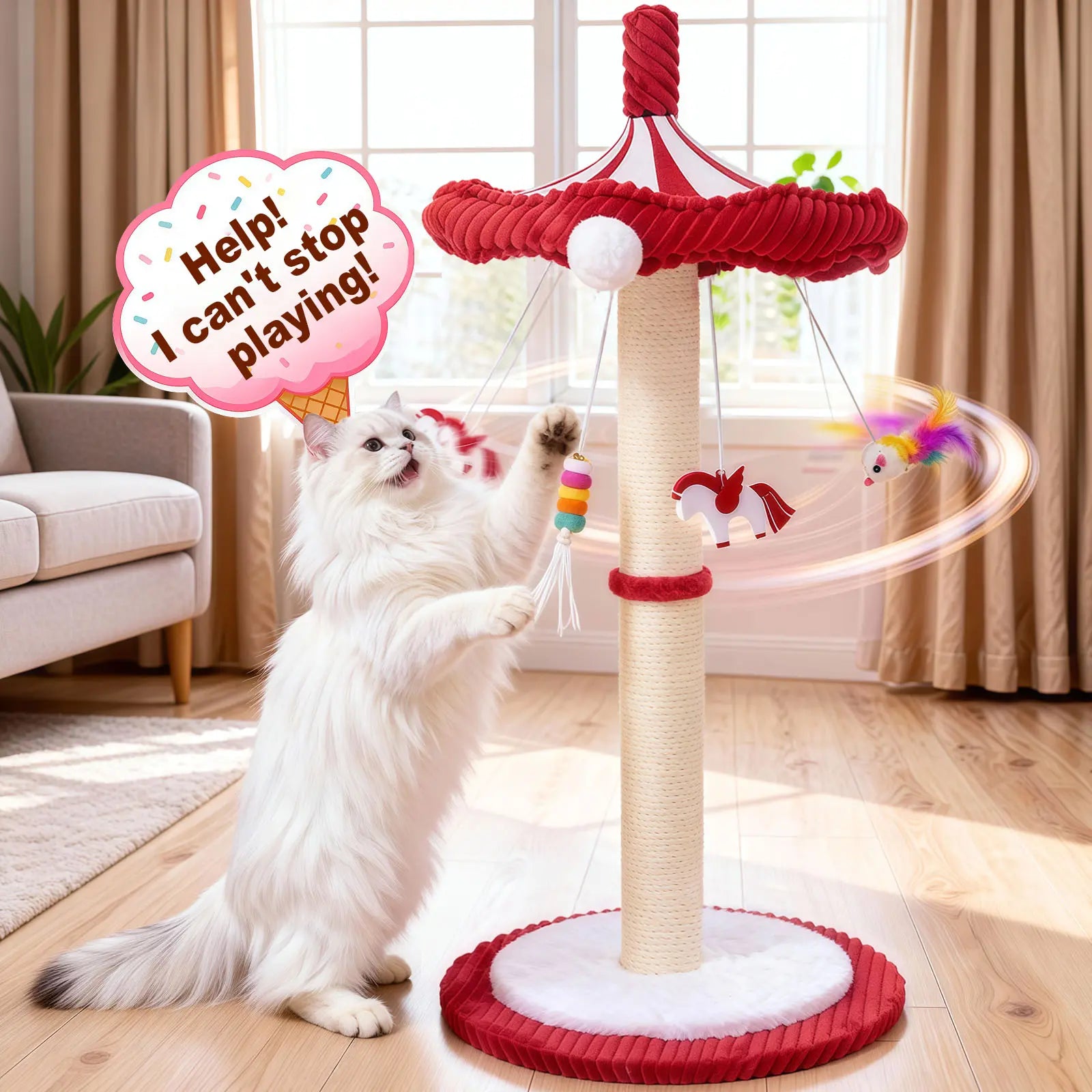 Premium Cat Activity Tower – Tall Sisal Scratching Post with Interactive Hanging Toys